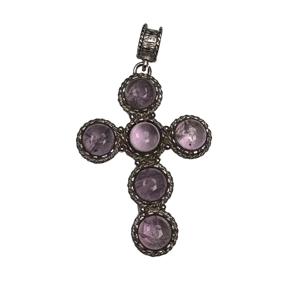 Silver Tone Cross Pendant Necklace with Amethyst Cabochons